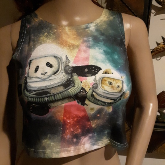 🎉NWOT! Pink Star Dust Cat & Panda Crop Top Sz S🎉 - Picture 4 of 8